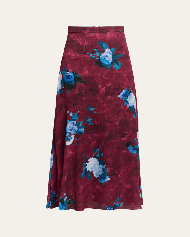 Painterly Floral-Print A-Line Midi Skirt